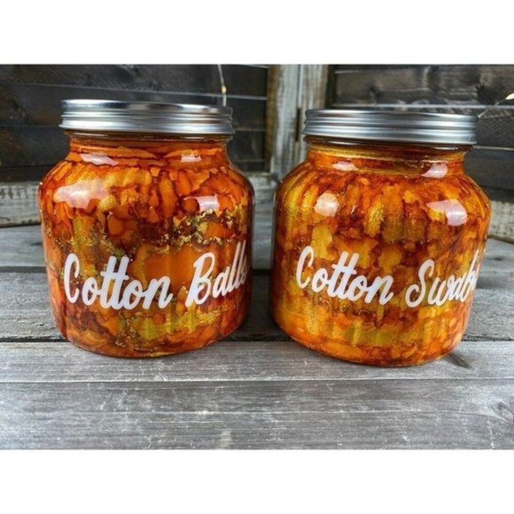 Bathroom Storage Organization Labeled Jars Resin Orange Yellow Marbled